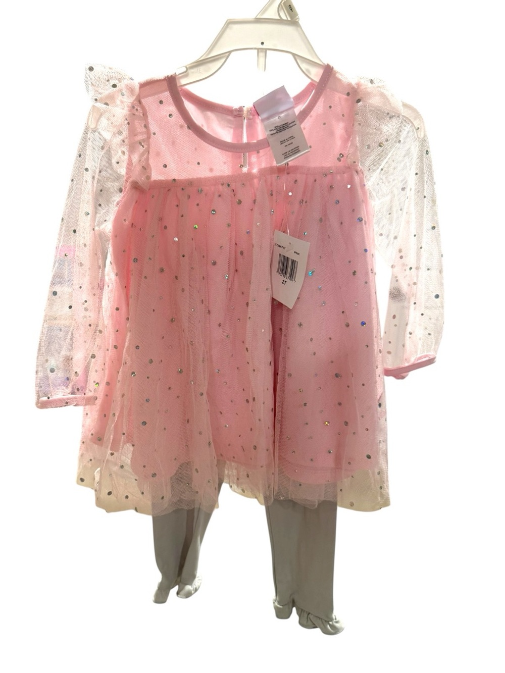 Nannette Toddler Girls Pink Mesh w Glitter Long Sleeve Dress & Pants Set Size 2T